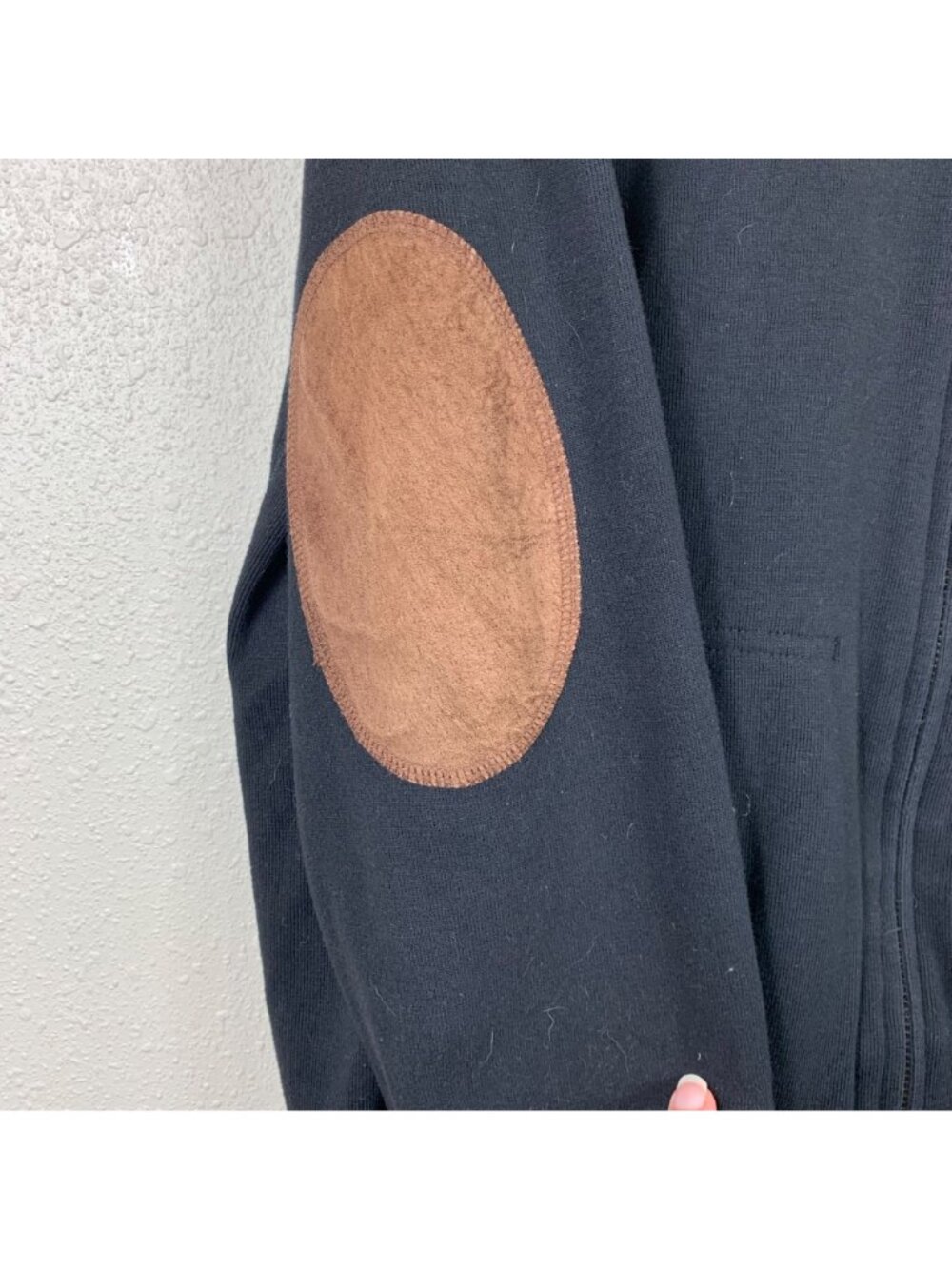 VTG Y2K Lauren Ralph Lauren Cardigan L Black Cotton Zip Leather Elbow Patch - Picture 4 of 8